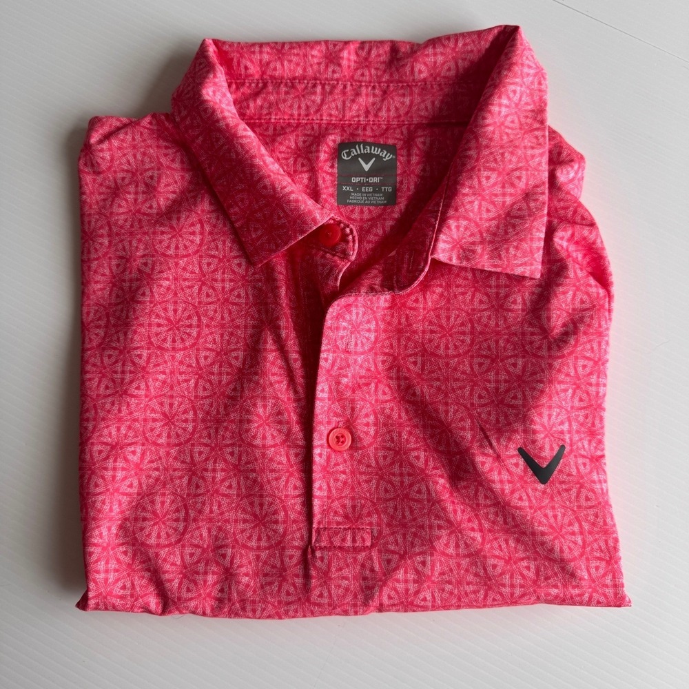 Callaway Mens XXL Opti-Dri Polo Shirt Pink Geometric Pattern Short Sleeve Golf - Picture 3 of 7